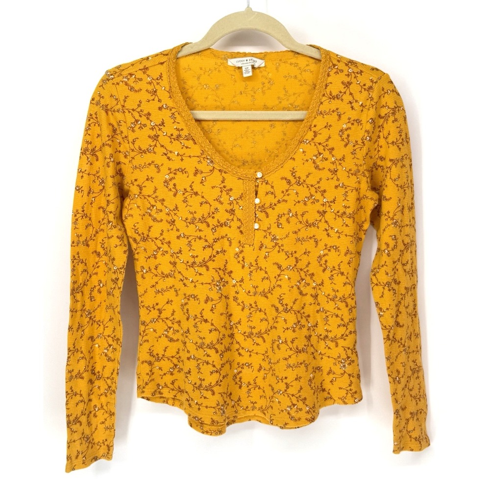 Lucky Brand Mustard Yellow Floral Waffle Knit Lace Trim W/Buttons Top SMALL Y2K